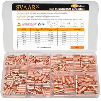 SVAAR 150 PCS 26-8 AWG Non-Insulated Butt Connectors Crimp Repair Butt Splices Kit, Uninsulated Butt Splice Connectors for 26 to 8 Gauge Wire, Heavy Duty Pure Copper Seamless Barrel Butt Terminals