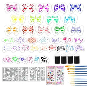 58 Pieces Face Paint Stencils and Brushes Kit, Incledes 36 Reusable Facial Painting Stencils, 6 Sheets Tattoo Stencil Stickers, 10 Brushes, 2 Pack Adhesive Gems, 4 Sponges for Halloween Party Makeup