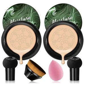 2PCS Mushroom Head Air Cushion CC Cream, Moisturizing Lasting Oil Control BB Cream for All Skin Types, Full Coverage Concealer Liquid Foundation Face Makeup Set with Foundation Brush & Makeup Sponge A