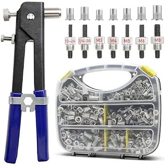 444Pcs Rivet Nut Tool Kit, Rivnut Tool Kit with 7 SAE and Metric Mandrels (10-24, 1/4-20, M3, M4, M5, M6, M8) and Rivet nut Assortment Kit with Rugged Carrying Case(Aluminum Alloy)