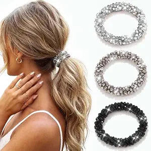 CAKURE Rhinestone Hair Tie Silver Scrunchie Sparkly Ponytail Holders Hair Accessories for Women (Pack of 3)