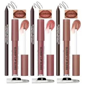 Noerrors 6pcs Natural Nude Lip Combo Sets, Moisturizing High Shine Lip Kit with Creamy Brown Lip Liner and Long Lasting Nourishing Gloss for Women, Plumping Fresh Glossy Effect for Volume Lips Makeup