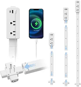 Electrical Outlet Extender Stick 8.26"-36.1" with 2 AC Outlets, USB-A,USB-C Ports, Fixed at 90 Degree Splicing Type, Power Socket Expander Put Behind Hard to Reach Desks,Sofa,Cabinet,Bed etc (White)