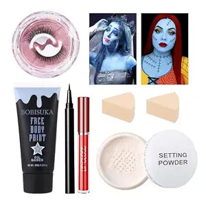 6 PCS Halloween Sally Makeup Set - Includes Light Blue Face Body Paint(60ml), Black Eyeliner, False Eyelashes, Red Lipstick - Oil-Based SFX Face Painting Kit for Costume, Cosplay, Dress-Up Party
