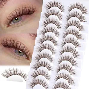 Brown Lashes Natural Look False Eyelashes Wispy Cat Eye Lashes C-Curly Dark Brown Fake Lashes 16mm Slightly Faux Mink Eyelashes Strip 10 Pairs Pack