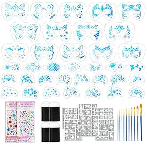 58 PCS Face Paint Stencils for Kids and Adults, 36 Reusable Facial Painting Templates, 6 Sticky Tattoo Stencils, 10 Makeup Brushes, 2 Adhesive Gem Stickers, 4 Finger Sponges for Party Makeup