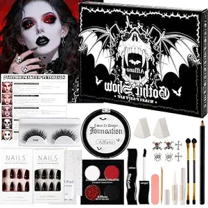 Afflano Goth Makeup Kit Halloween Costume, SFX Clown Goth White Foundation Face Paint, Lipstick Black Red Eyeshadow, False Eyelashes Nail Eyeliner Eyebrow Carnival Theater Emo Mime Ghost Gothic Makeup