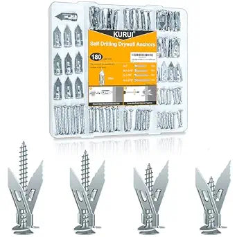 KURUI 180Pcs Self Drilling Drywall Anchors, Metal Heavy Duty Dry Wall Anchors and Screws Kit, Silver Renter Friendly Anchor for Sheetrock,Hollow Wall, Hanging Shelves,Mirrors,Wall Decor,Pictures
