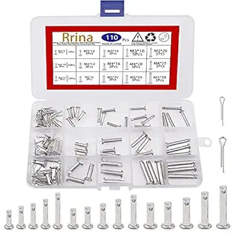 110Pcs 304 Stainless Steel Flat Head Clevis Pins Cotter Pin Clip Key Assortment Kit Link Hinge T-Shape Round Pin M3 M4 M5 Assorted Sizes Set
