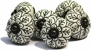 Handmade Spade Black & White Ceramic Stone Cabinet Knobs, Vintage Decorative Drawer Pulls for Trendy Cabinets, Modern Dressers & Cupboards, Knobs for Kitchen & Furniture-Set of 6