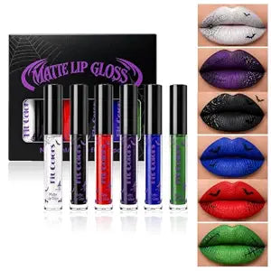 Xiuxixu 6PCS Halloween Gothic Liquid Lipstick Kit,Matte Lip Gloss Set with White Black Red Purple Blue Green, Long Lasting Non-Stick Cup Velvet Finish Lip Makeup for Cosplay Party Costume