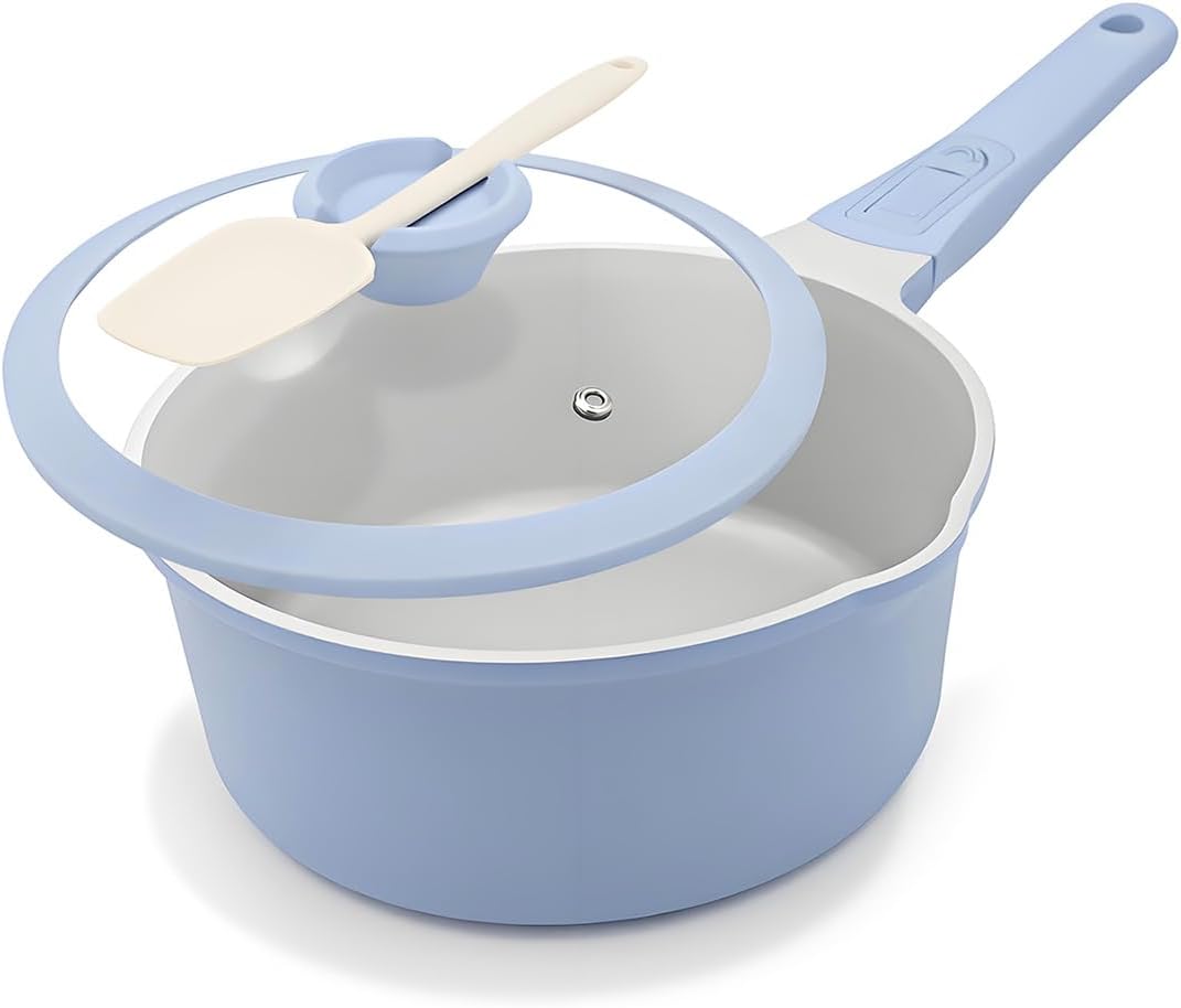 AIKENBBKK 2 Qt Ceramic Saucepan with Lid, Nonstick Pot with Pour Spout