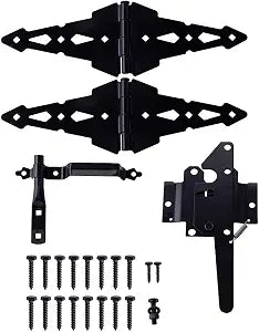 Fence Gate Hardware Kit, 8" Heavy Duty Strap Hinges and Spring Latch, Black