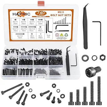 740 Pcs M2.5 Screws Kit M2.5 Screw Assortment Nuts and Bolts Assortment Kit Metric Machine Screw Kit, 12.9 Alloy Steel Black Zinc Plated Hex Socket Head Screws Nuts Bolts and Washers Set