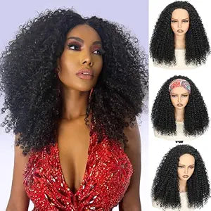 20 Inch Kinky Curly Half Wig, 3-in-1 Upgrade Synthetic Half Wig with Drawstring, 210% Density Seamless Clip-In & Flip-Over Headband Wig for Women, Wear and Go Beginner Friendly, Natural Black