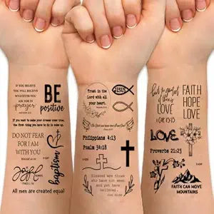 72 Pcs Christian Tattoo Motivational Bible Verse Quotes Words and Cross Temporary Tattoos For Adults, Inspirational Believe Strength in God Realistic Black English Tattoo for Believers Women Men T7