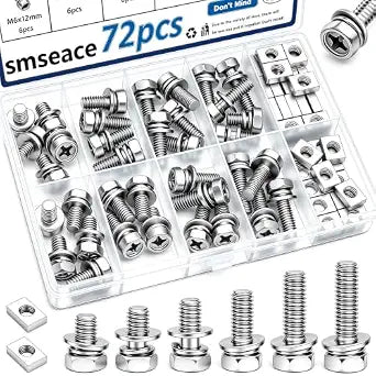 smseace 72Pack Battery Terminal Bolts and Nuts 6-Sizes M6x10/12/14/16/18/20mm 304 Stainless Steel Motorcycle Battery Bolts with Square Nuts for ATV,Bike,Scooter,Motorcycle