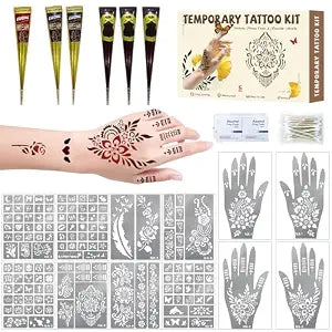 136 Pieces Henna Tattoo Stencil Kit, Temporary Tattoos Stencils Kit with 6 Pcs (Brown/Black/Red) Ink, DIY Face Body Art Painting Kit for Festivals Wedding Party