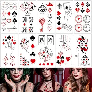 Poker Temporary Tattoos, 70 Pcs Small Red heart Plum Blossom Spades Block Dice Playing Card Tattoo for Adult Women Men Bachelorette Girls Birthday Party Body Art Decor, Casino Game Night day Gift T27
