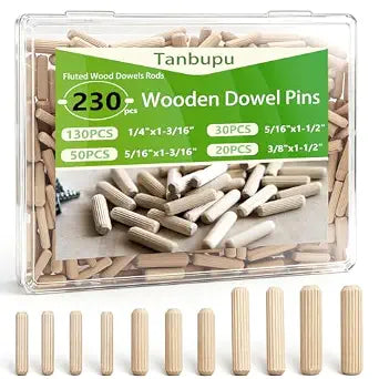 230Pcs Wooden Dowel Pins 1/4 3/8 5/16 Inch Fluted Wood Dowels Rods Pegs Assortment for Furniture Woodworking DIY Crafts