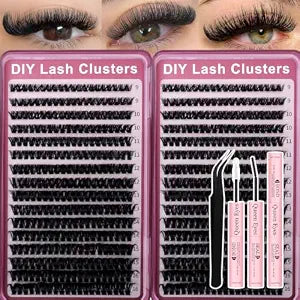 640pcs Lash Clusters Kit, 60D Natural Wispy Lashes with Bond&Seal Tweezers