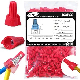 Lenporl 400PCS Red Wire Nuts Connectors P12 Twist Wire Caps Electrical Wire Connectors, Winged Springs Screw Terminals Wire Nuts Tan Assortment Kit for Wire Connection