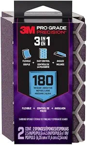 3M Pro Grade Precision 3-in-1 Sanding Sponge, 180 Grit Medium, 2 Sponges, Washable & Reusable, for Wood, Metal, Drywall, and Paint Prep  Flexible Foam, Contoured, Angled, Flat
