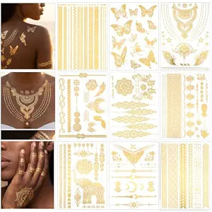 Tyqour 9 Sheets Gold Temporary Tattoos for Women Metallic Tattoo Glitter Golden Body Tattoo Butterfly Floral for Adult Festival Parties Makeup Cosplay