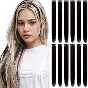 12 PCS Black Hair Extensions Clip in, Colored Party Highlights Extension Synthetic Hairpiece Straight 22 inch