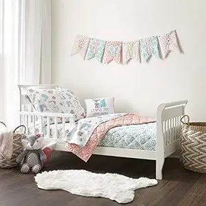Levtex Baby - Fiona Toddler Bed Set - Pink, Aqua, White - Woodland Forest Theme - 5 Piece Set Includes Reversible Quilt, Fitted Sheet, Flat Sheet, Pillow Case, Decorative Pilow