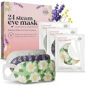LivaClean 24CT Steam Eye Mask with Ear Hooks - Self Heated Eye Mask For Dry eyes, Dark Circles & Puffiness - Lavender, Chamomile & Unscented, Travel Friendly Disposable Masks - Spa Gift for Women