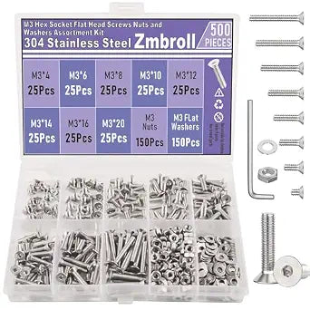 500Pcs M3 x 4/6/8/10/12/14/16/20mm Countersunk Head Socket Cap Screws 304 Stainless Steel Flat Head Screws Fully Threaded Metric Machine Screws Bolts Washers Nuts Assortment Kit