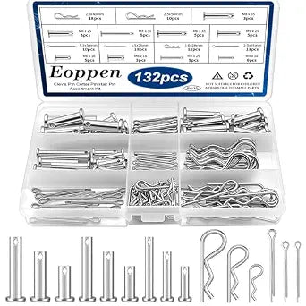 132Pcs Clevis Pin Cotter Pin Hair Pin Assortment Kit - 304 Stainless Steel 15 Sizes Cotter Pin & R Clips Pin Zinc-Plated Single Hole Flat Head Clevis Pins