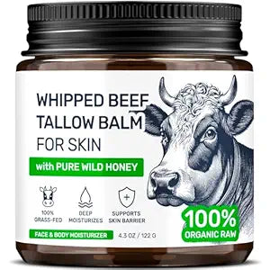 Beef Tallow for Skin - Grass Fed Whipped Tallow and Honey Balm for Face, 3-Ingredient Fragrance Free Beef Tallow for Face and Body with Beeswax - Moisturizer for Dry Sensitive Skin, 4.3 oz