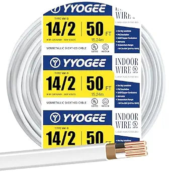 14/2 NM-B Wire with Ground, 50 FT 14 Gauge Wire Solid Copper Non-Metallic Sheathed Cable, 14 AWG 2 Conductor Electric Wire for Residential Indoor Wiring, Outlets, Switches and Lighting (White)