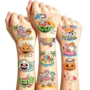 144PCS Summerween Temporary Tattoos Stickers Halloween Spooky Party Favors Summer Fruit Pumpkin Skeleton Ghost Stickers Tattoos for Hawaiian Spooky Halloween in Summer or Tropical Beach Pool Party