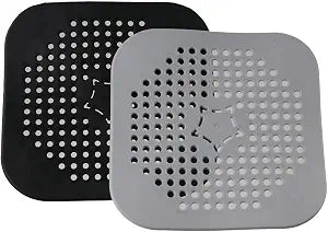 2Pcs Square Shower Drain Hair Catcher,Easy to Install,Silicone Drain Stopper with Suction Cups,Durable Shower Drain Cover for Bathroom Laundry Kitchen(Grey+Black)