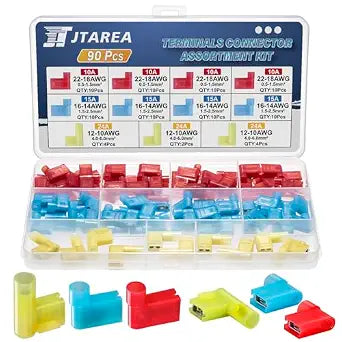 90PCS 3 Values 90 Degree Right Angle Flag Spade Connector Wire Terminal Crimp Connectors Quick Disconnect Female Nylon Crimps Terminals for 22-18 16-14 12-10 AWG Gauge Wiring