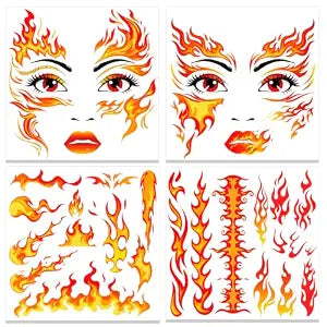 HOWAF Halloween Flame Costume Face Tattoos, 4 Sheets Halloween Fire Flame Face Stickers for Fire Costume, Red Orange Yellow Firing Temporary Tattoos for Men Women Halloween Cosplay Party Accessories