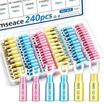 smseace 240PCS #8#10 Heat Shrink Fork Spade Wire Connectors - 22-16/16-14/12-10 AWG M4/M5 U-Type Waterproof Electrical Crimp Terminals Tinned Red Copperctors Pack in Box