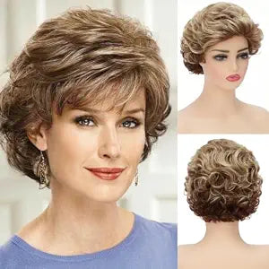 Short Fluffy Brown Mixed Blond Wigs for Women Natural Looking Synthetic Curly Hair for Daily Wear, Cosplay & Parties