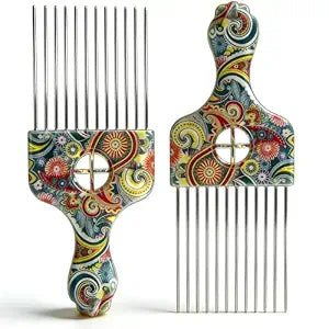 2 Pack Stainless Steel Professional Hair Styling Pick Comb Hair Afro Pick Wide Tooth Comb Suitable Wig Braid Detangle Styling Lift Combs Tool Women, Men Curly Hairs Stylings (Waist flower K3)