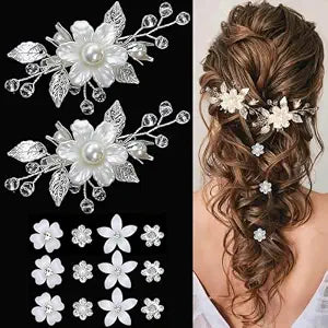 14 Pcs Flower Girl Hair Accessory Bridal Hair Clips Handmade Silver Leaf Floral Pearls Crystal Design with Mini Flower Hair Accessories for Girls & Women (white)