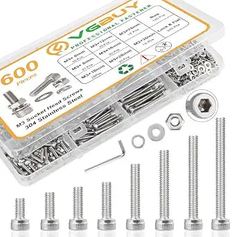 VGBUY 600pcs M3 Screw Assortment Kit, M3 Screws (8 Sizes 6-30mm) for 3D Printer DIY, Hex Socket Head Cap Screws Bolts Nuts Washer Kit, 304 Stainless Steel, 6/8/10/12/16/20/25/30mm