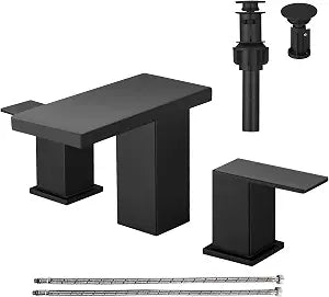 Hoimpro 8 Inch Widespread Waterfall Bathroom Sink Faucet, Square Two Handle Vanity Black Bathroom Faucet with cUPC Supply Hose, 3 Holes Faucet with Pop Up Drain, Stainless Steel, Matte Black