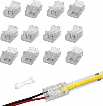 HAMRVL 8mm Cob Led Strip Light Connectors 2 Pin,Led Strip to Wire Transparent Clips Solderless Adapter Terminal Extension Connection for White/Warm Led Tape 12V 24V (Total 12pcs) (A)
