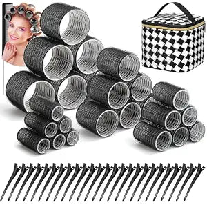 50Pcs Rollers Hair Curlers Self Grip Hair Rollers Set with 24Pcs Hair Rollers in 4 Sizes, 24 Pcs Clips and Cosmetic Bag for Blowout Look Long Medium Thick Hair Volume