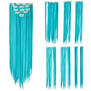 SWACC 7 Pcs Full Head Party Highlights Clip on in Hair Extensions For Women Colored Hair Streak Synthetic Hairpieces (22-Inch Straight, Teal Blue)