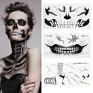 Fake Zombie Face Tattoos for Halloween Makeup Kit, Day of the Dead Skull Face Tattoos Halloween Costume Prank Temporary Tattoo for Women Mens
