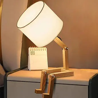 Cute Desk Lamp, Unique Table Lamp,Wooden Bedside Table Lamps Fun Quirky Robot Lamp Whimsical Cute Light for Home,Dorm Room,Kids Room,Office,Gift, Adjustable Shape